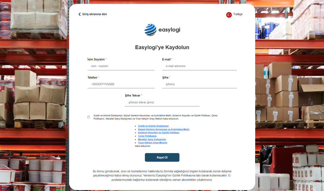 Easylogi Ücretsiz Kayıt Sayfası