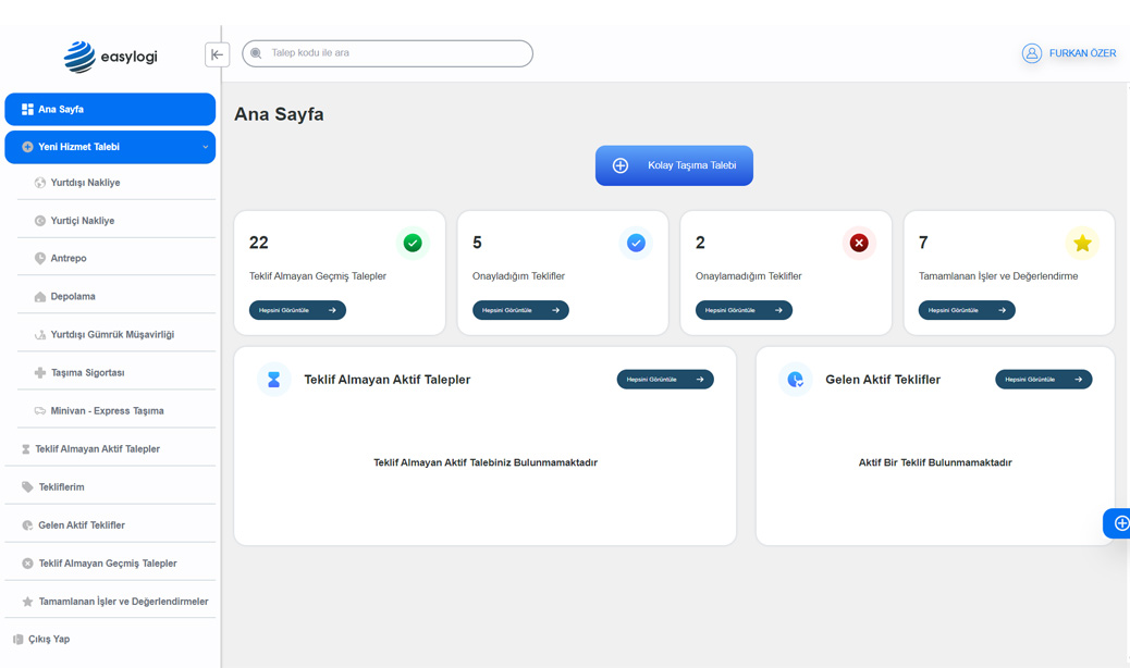 Easylogi App Kullanıcı Ana Sayfası